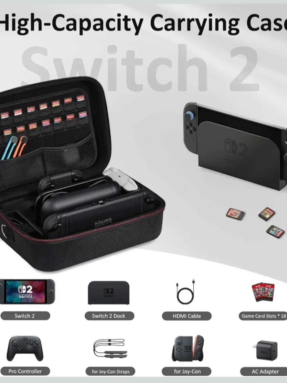 Switch 2 Travel Case with Black Exterior and Red-Trim Zipper